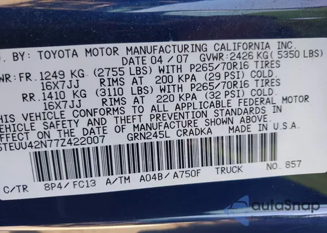 2007 Toyota Tacoma Base V6 from USA, damaged, VIN 5TEUU42N77Z422007